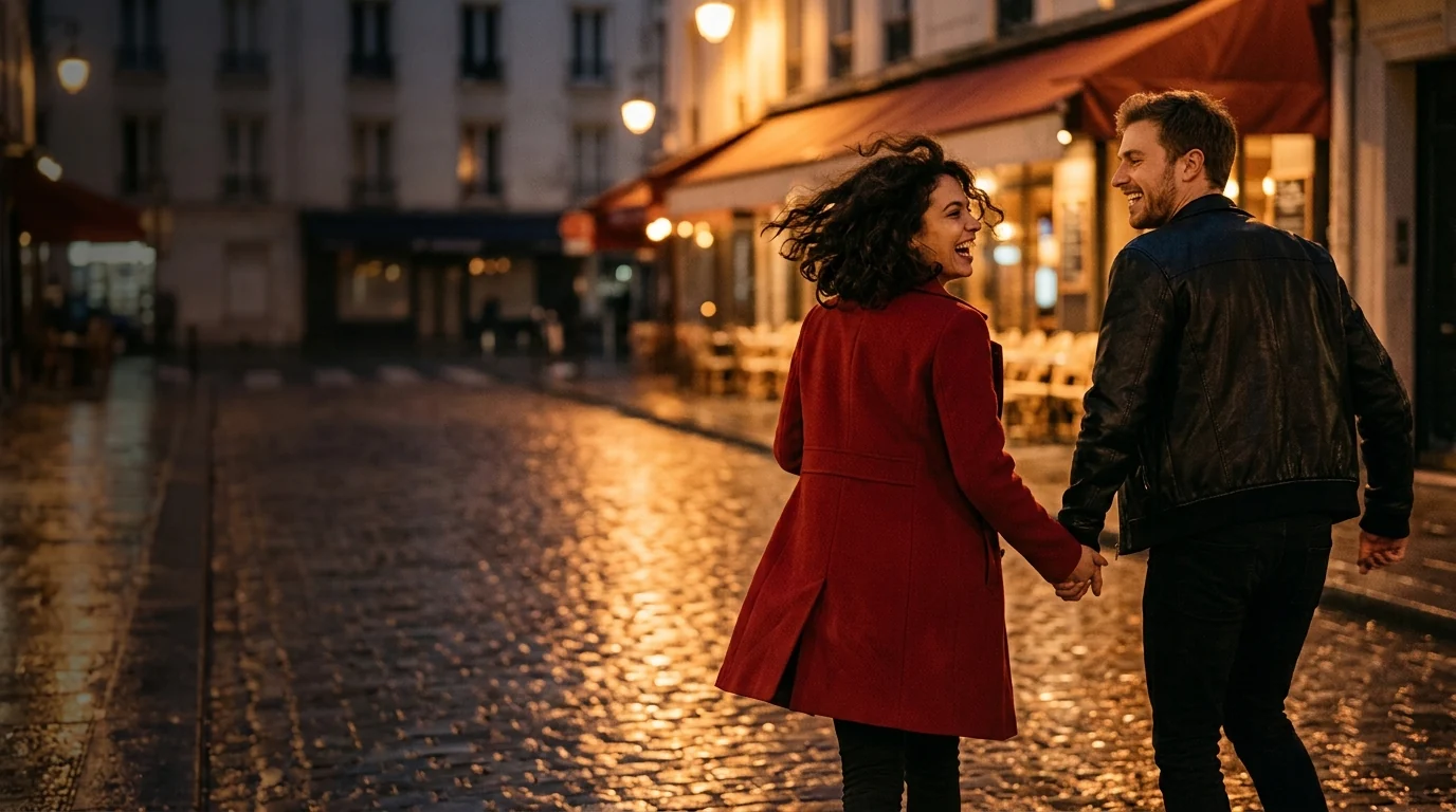 Un homme et une femme complices main dans la main, le soir dans une rue pavée