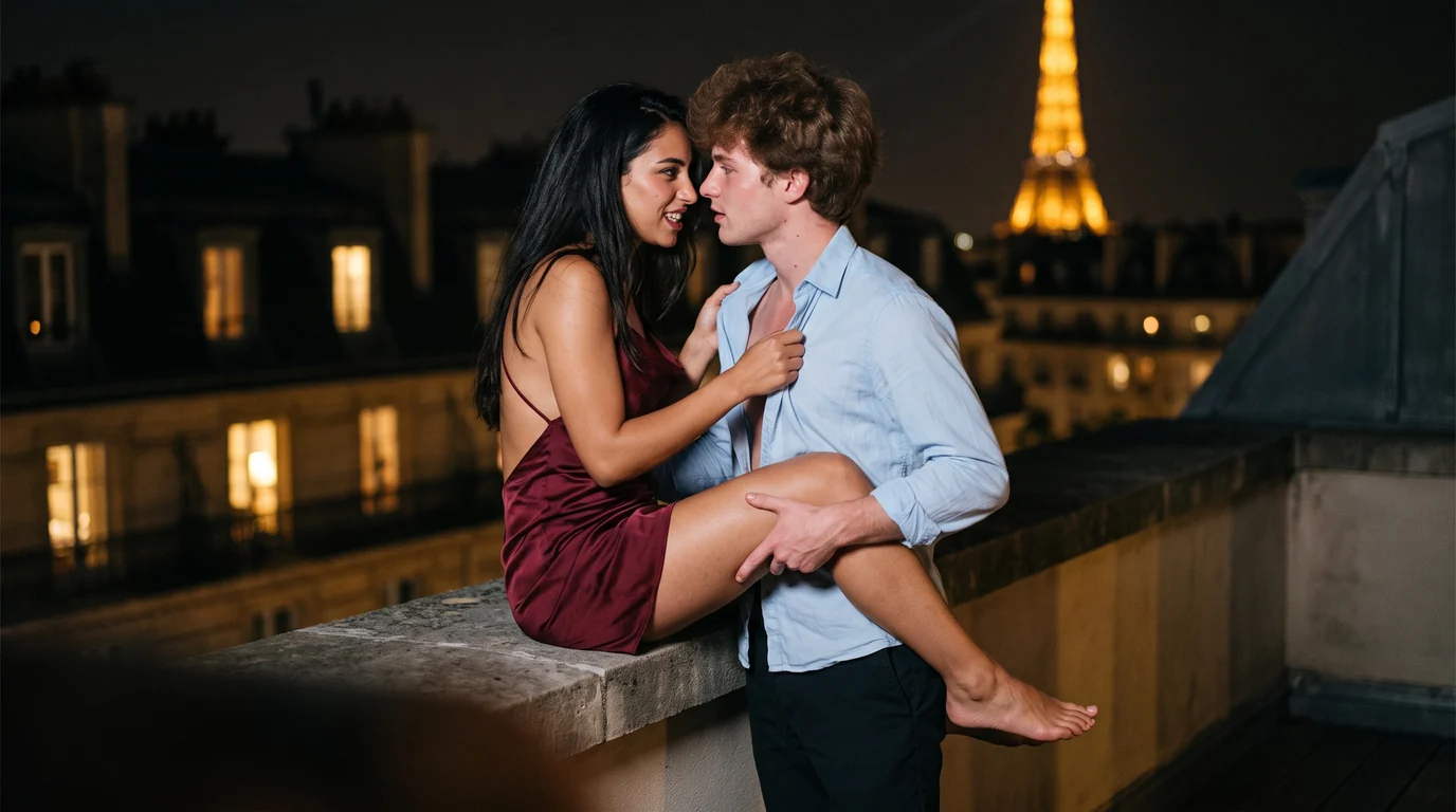 Deux sex friends sur un toit de Paris la nuit, face à la tour Eiffel
